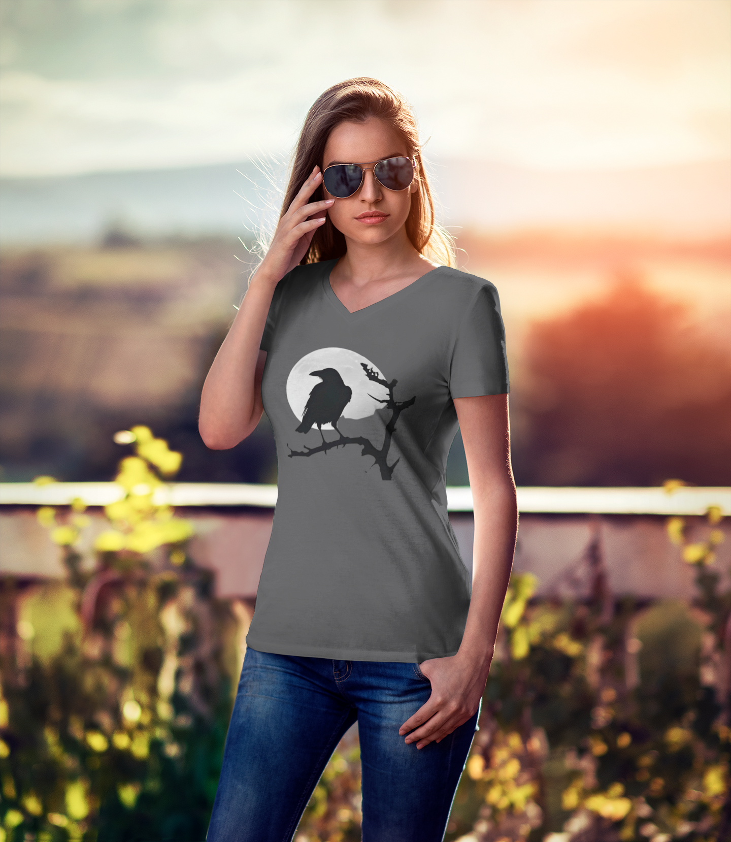 Crow Silhouette V-Neck Tees